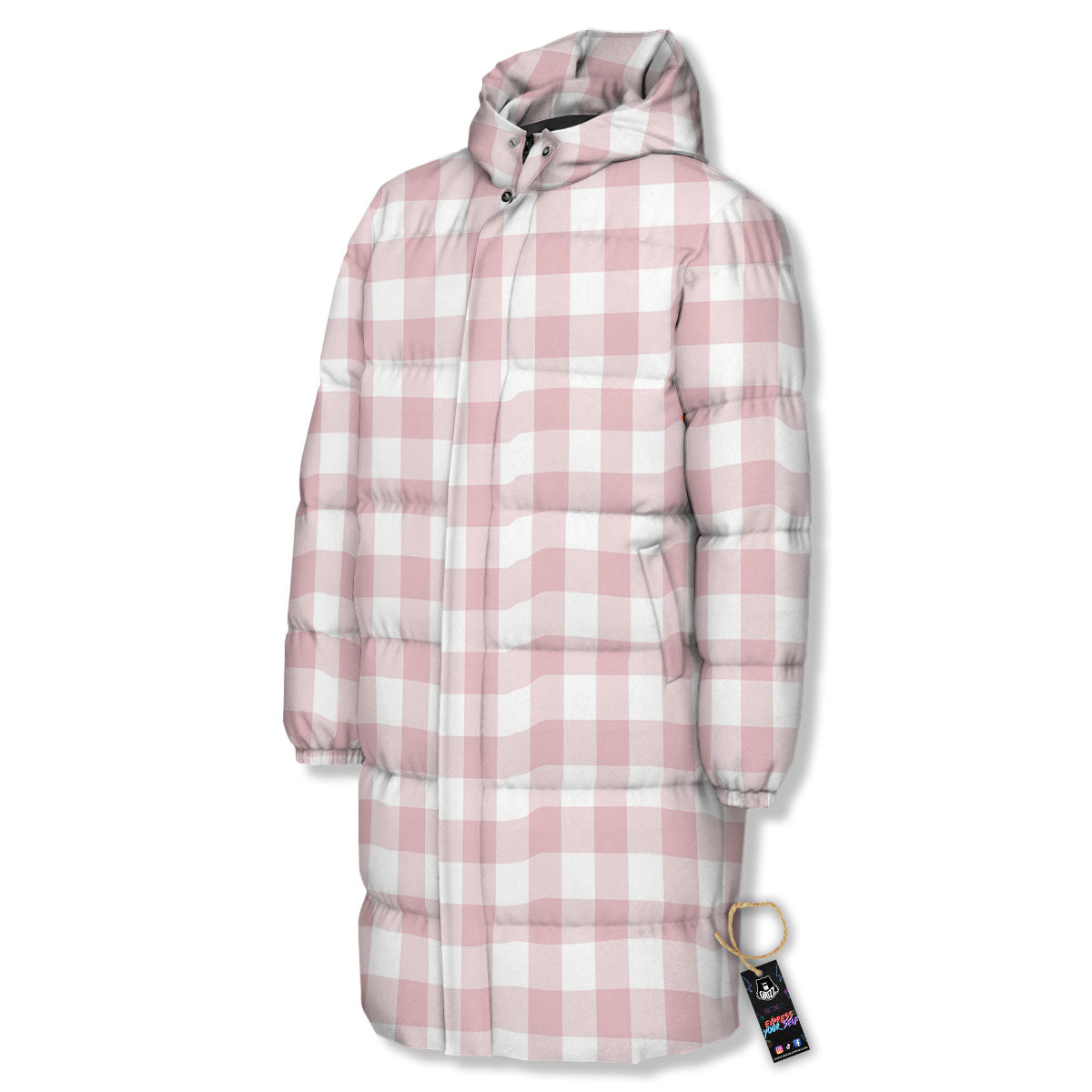 Check White And Pink Print Pattern Long Down Jacket-grizzshop