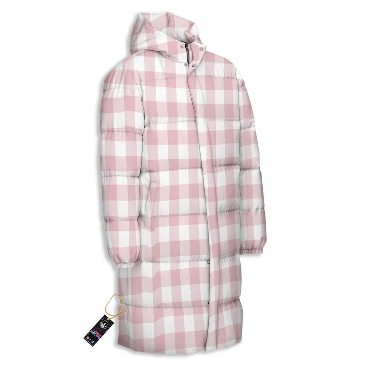 Check White And Pink Print Pattern Long Down Jacket-grizzshop