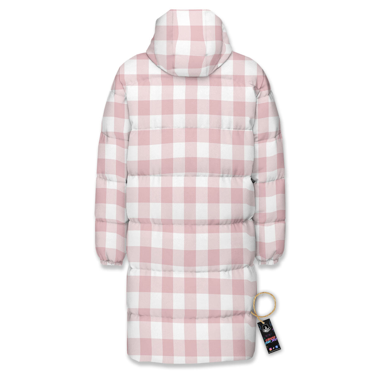 Check White And Pink Print Pattern Long Down Jacket-grizzshop
