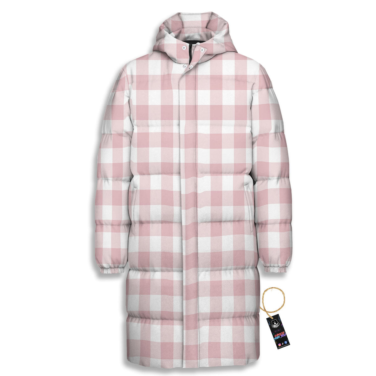 Check White And Pink Print Pattern Long Down Jacket-grizzshop