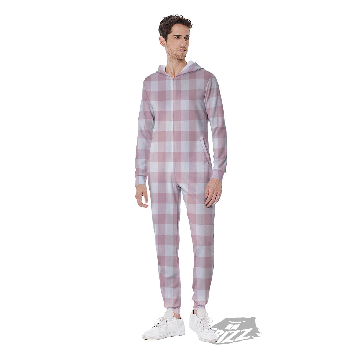 Check White And Pink Print Pattern Men's Jumpsuit-grizzshop
