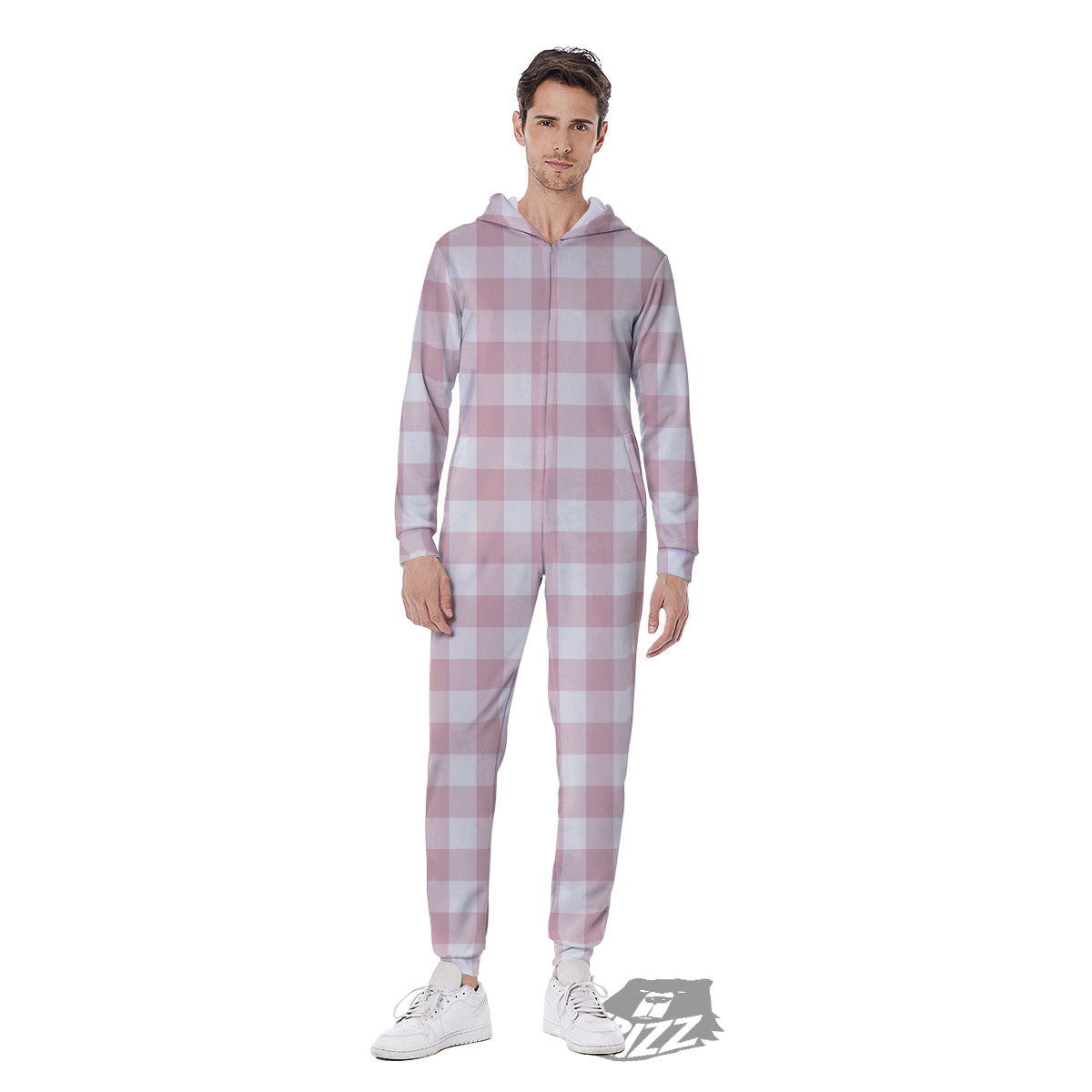 Check White And Pink Print Pattern Men's Jumpsuit-grizzshop