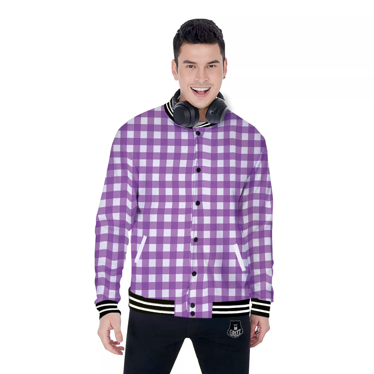Check White And Purple Print Pattern Baseball Jacket-grizzshop