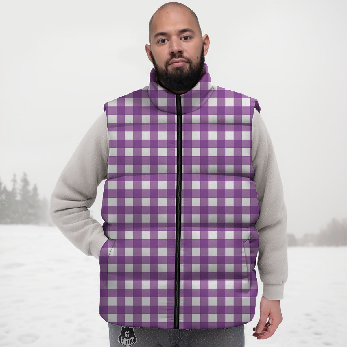 Check White And Purple Print Pattern Down Vest