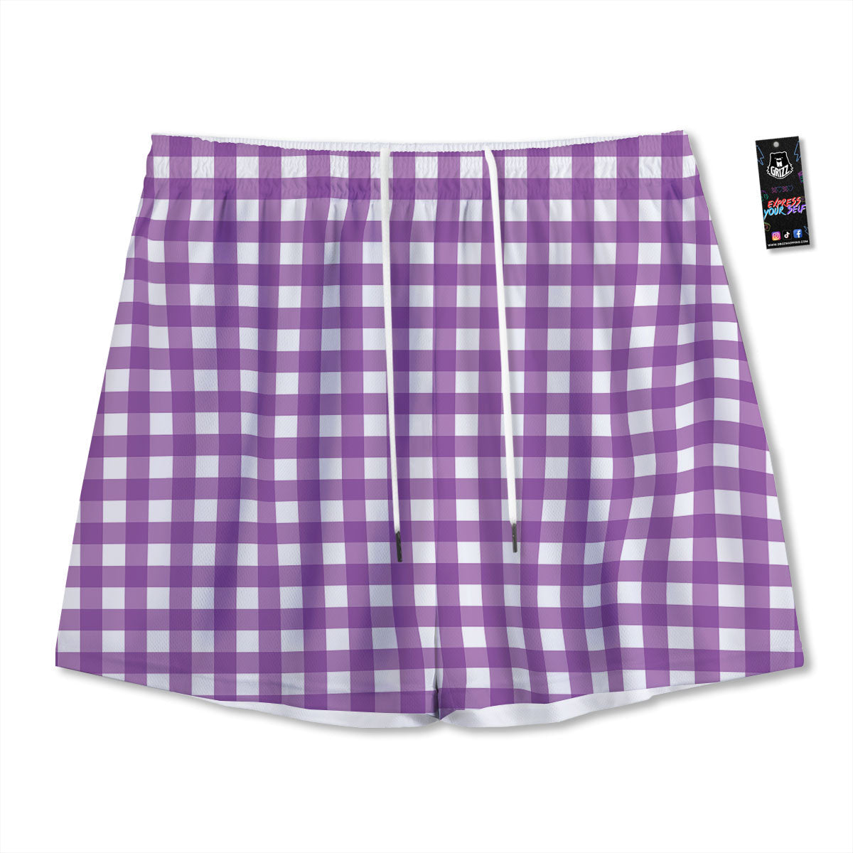 Check White And Purple Print Pattern Mesh Shorts