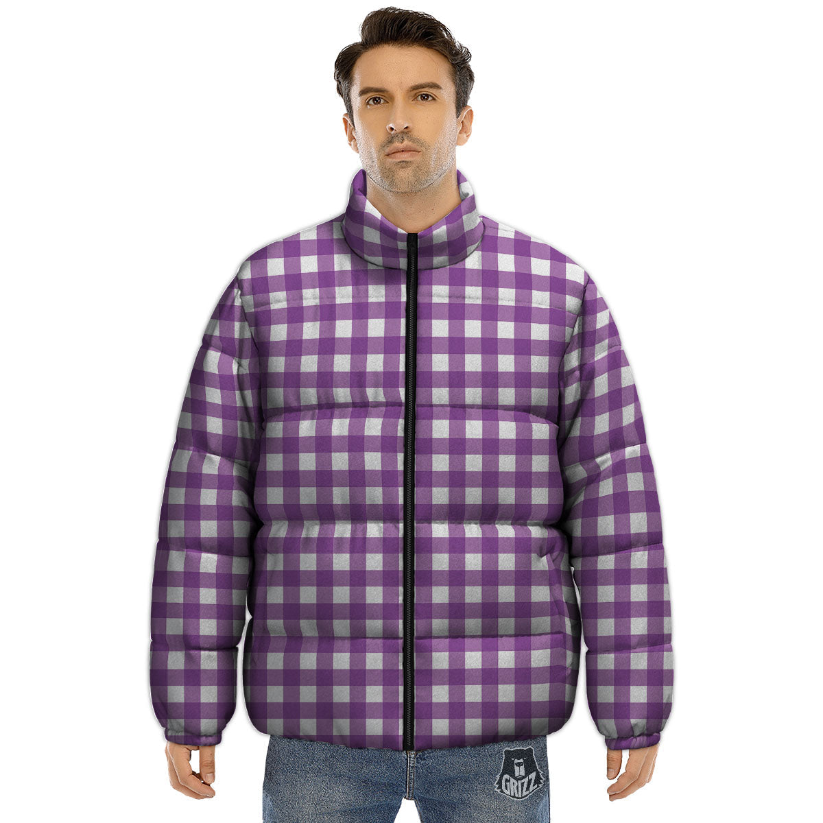 Check White And Purple Print Pattern Puffer Jacket-grizzshop
