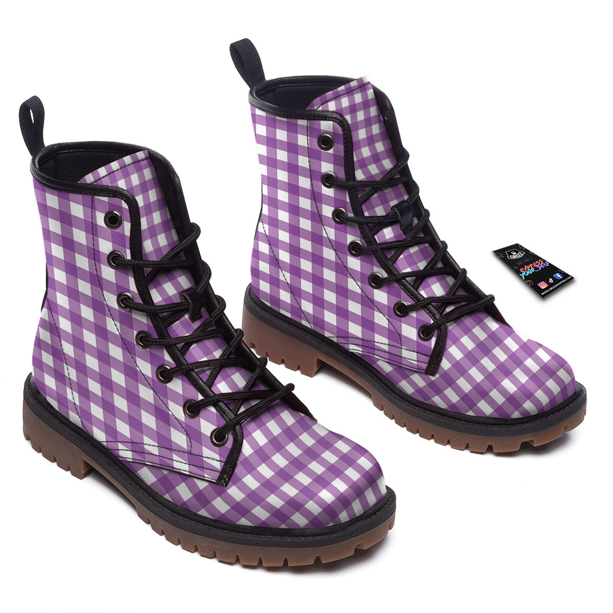 Check White And Purple Print Pattern Work Boots-grizzshop