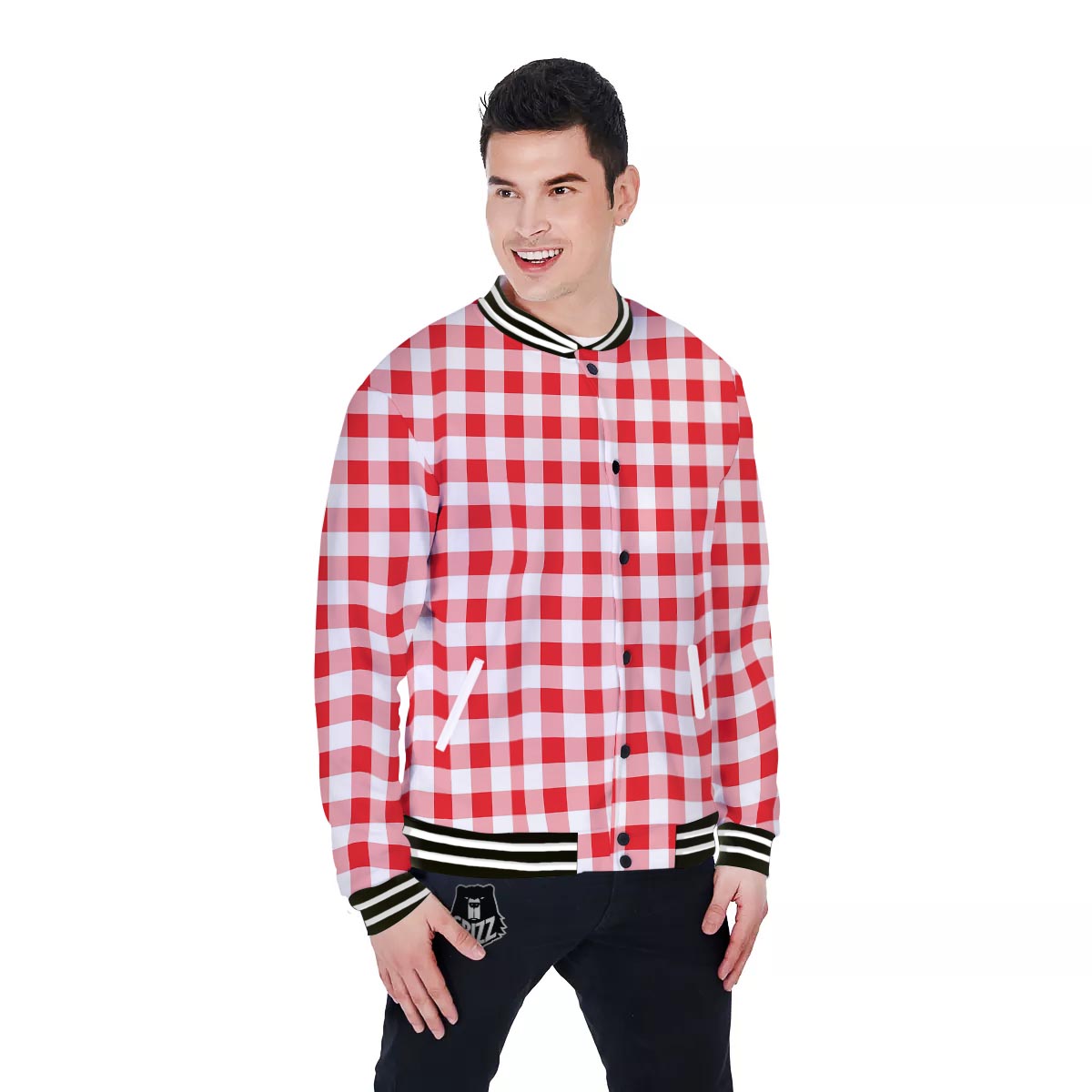 Check White And Red Print Pattern Baseball Jacket-grizzshop