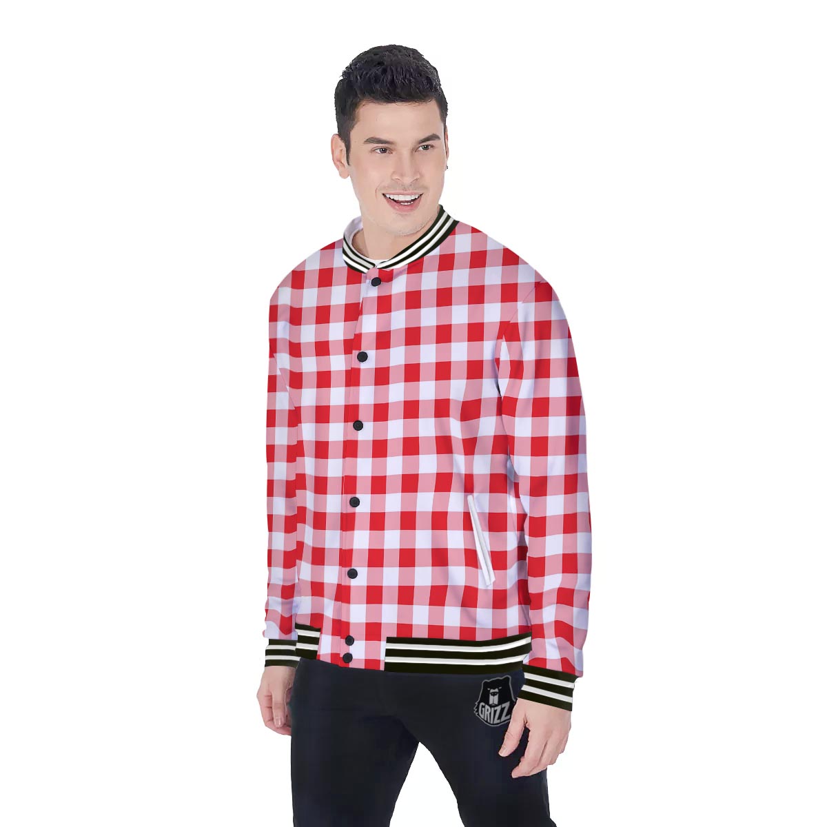 Check White And Red Print Pattern Baseball Jacket-grizzshop