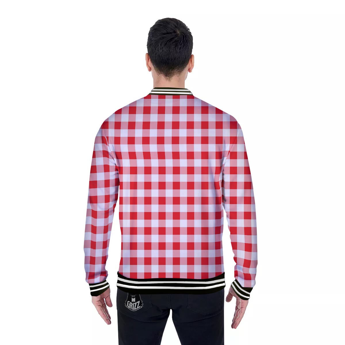 Check White And Red Print Pattern Baseball Jacket-grizzshop
