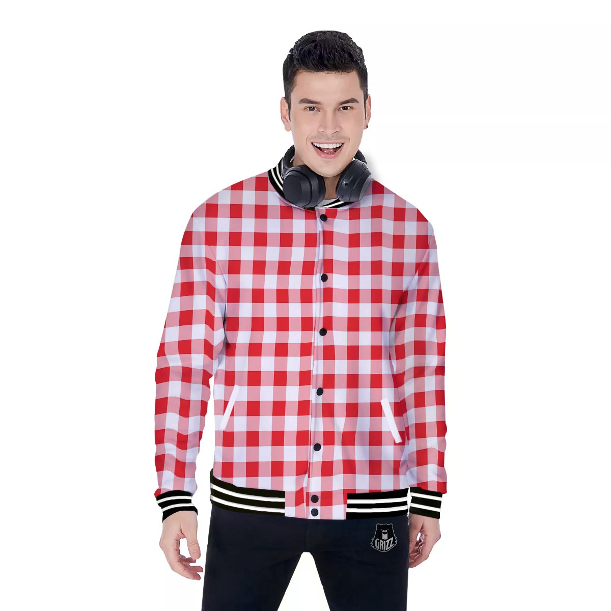 Check White And Red Print Pattern Baseball Jacket-grizzshop