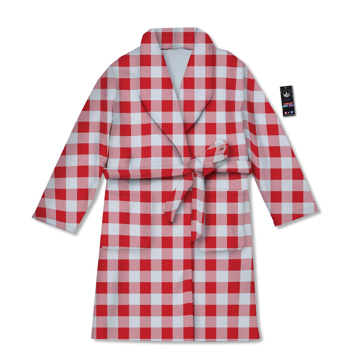 Check White And Red Print Pattern Bathrobe-grizzshop