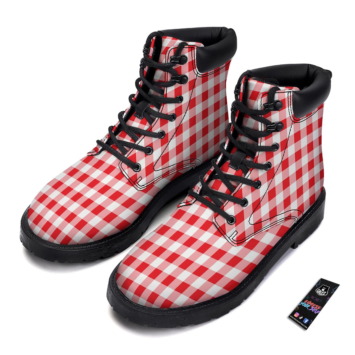 Check White And Red Print Pattern Boots-grizzshop