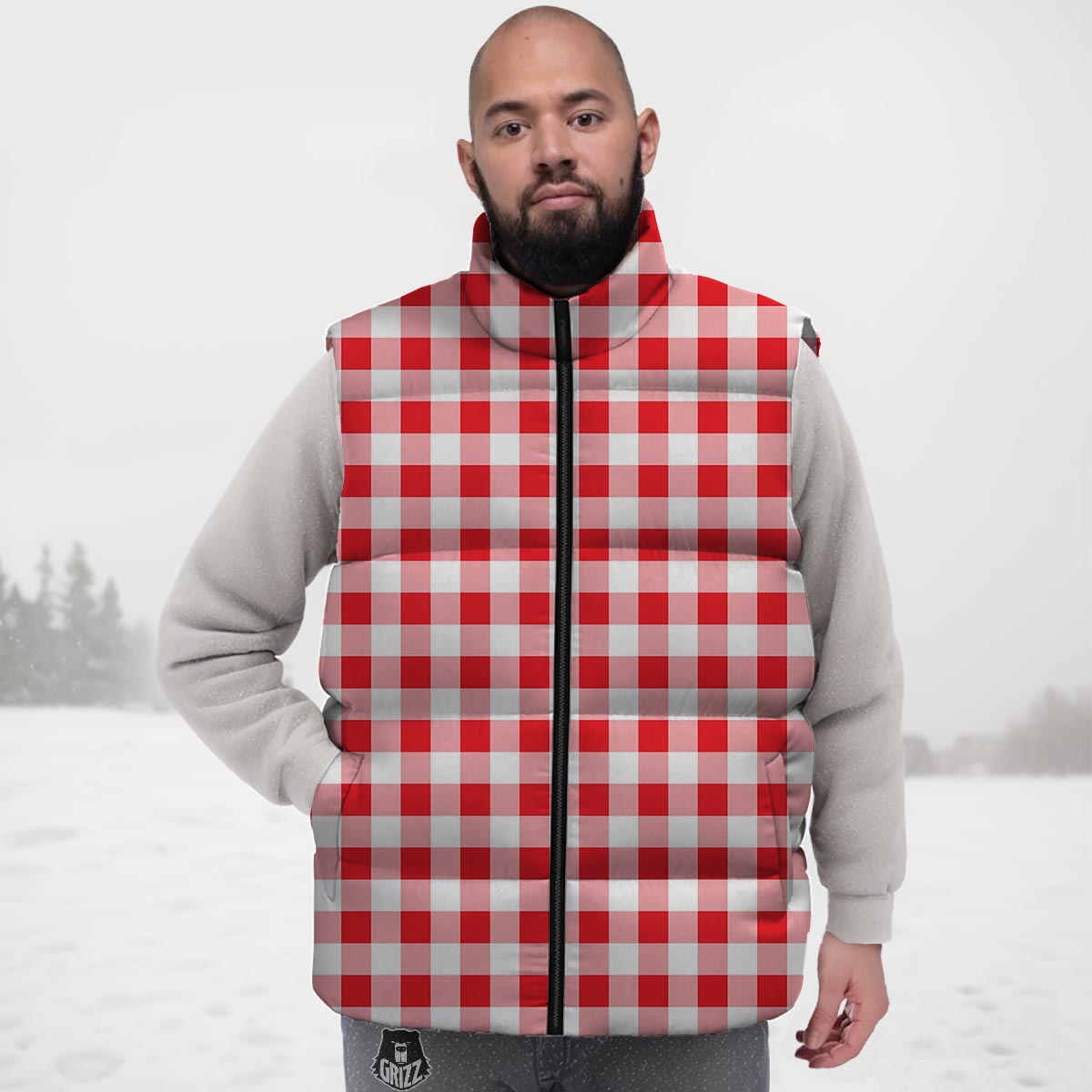 Check White And Red Print Pattern Down Vest