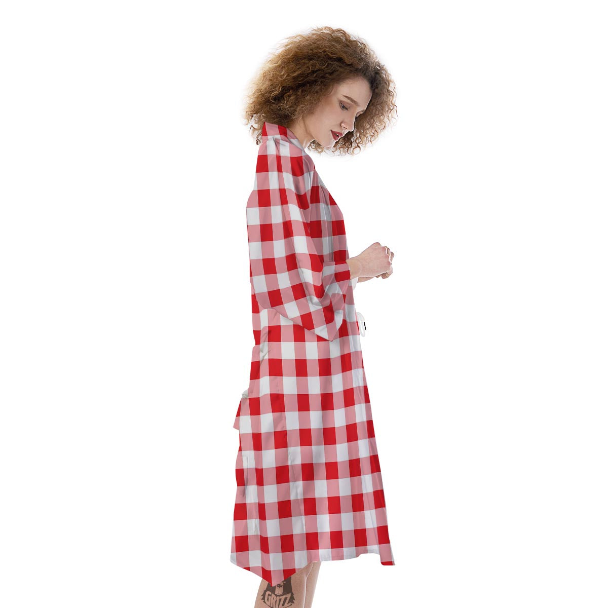 Check White And Red Print Pattern Kimono-grizzshop