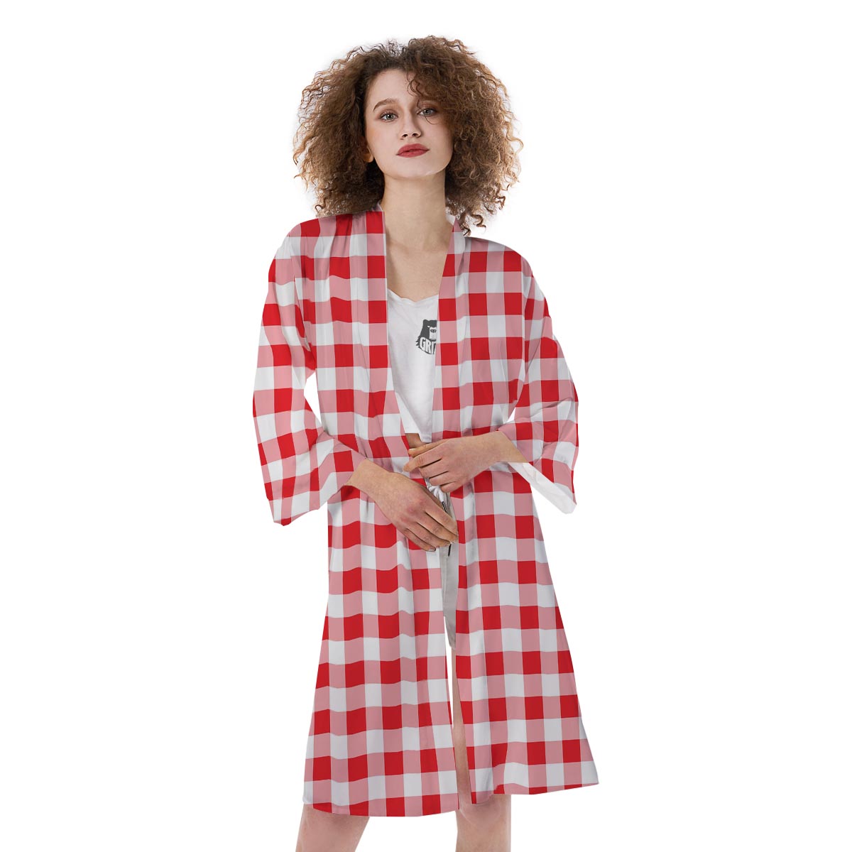 Check White And Red Print Pattern Kimono-grizzshop