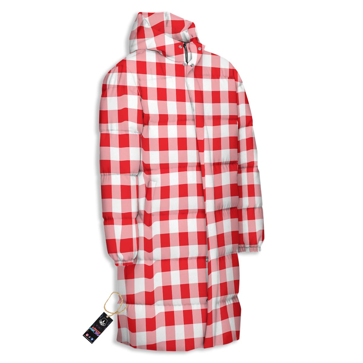 Check White And Red Print Pattern Long Down Jacket-grizzshop