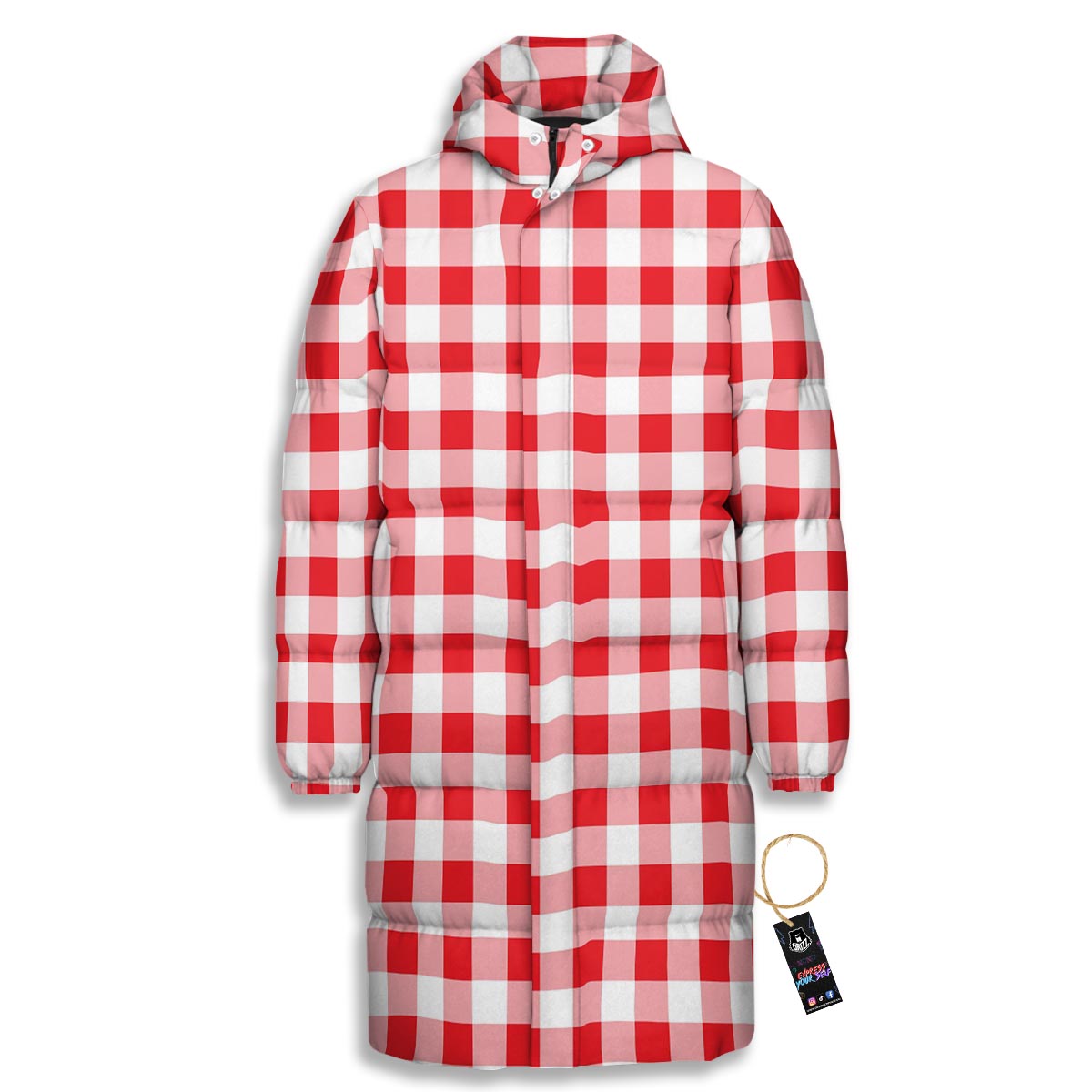 Check White And Red Print Pattern Long Down Jacket-grizzshop