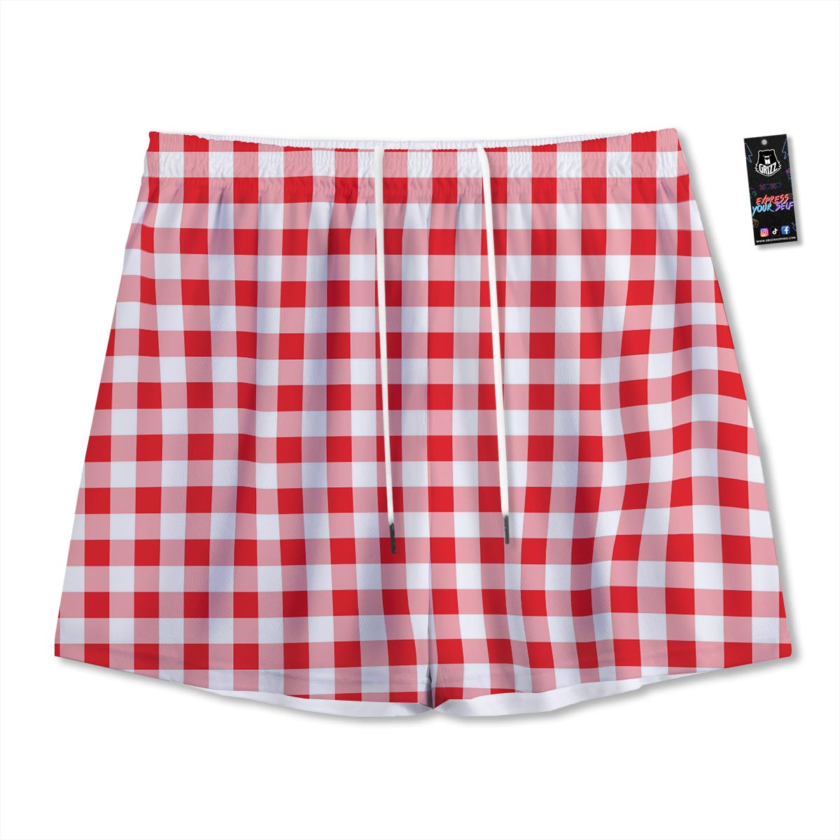 Check White And Red Print Pattern Mesh Shorts