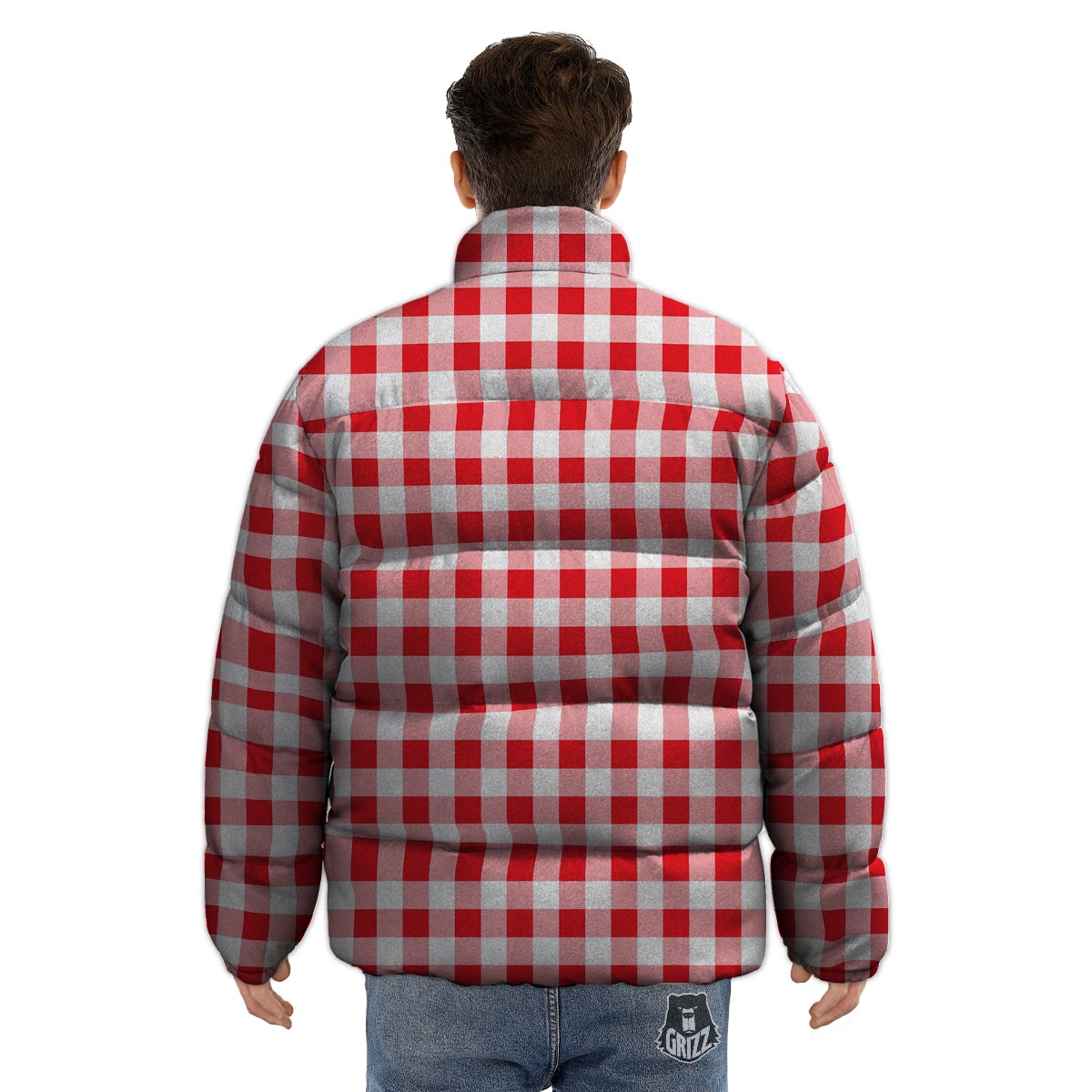 Check White And Red Print Pattern Puffer Jacket-grizzshop