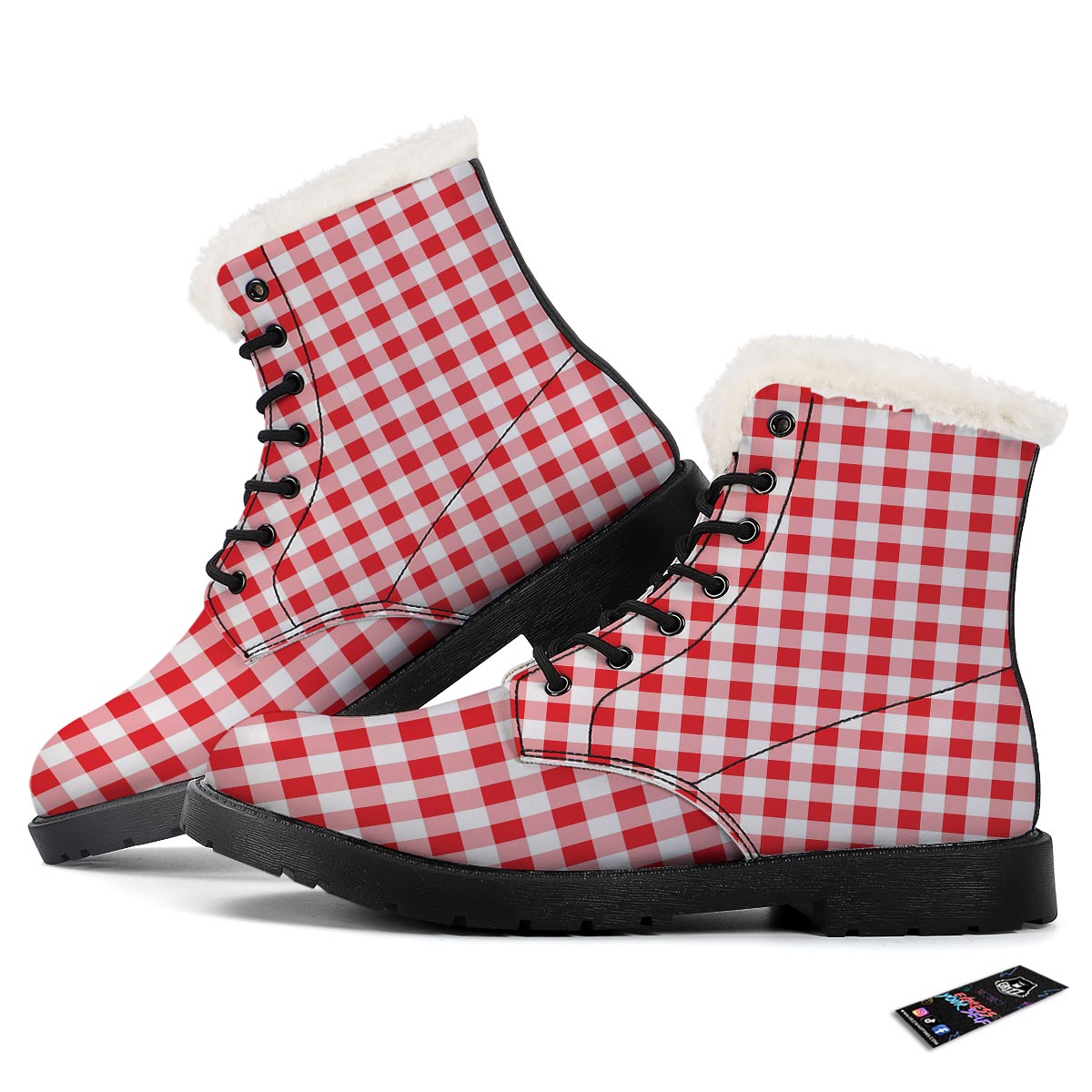 Check White And Red Print Pattern Winter Boots-grizzshop