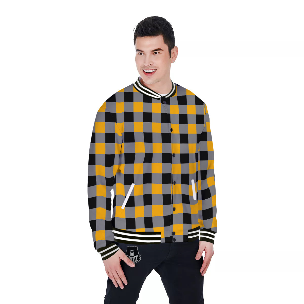 Check Yellow And Black Print Pattern Baseball Jacket-grizzshop