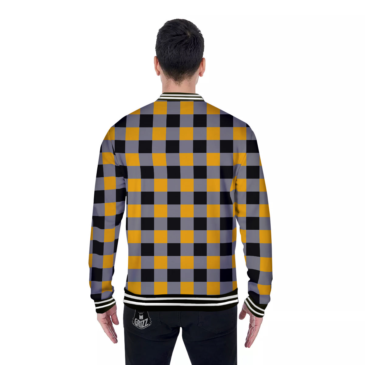 Check Yellow And Black Print Pattern Baseball Jacket-grizzshop