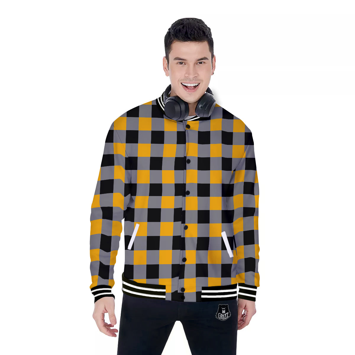 Check Yellow And Black Print Pattern Baseball Jacket-grizzshop