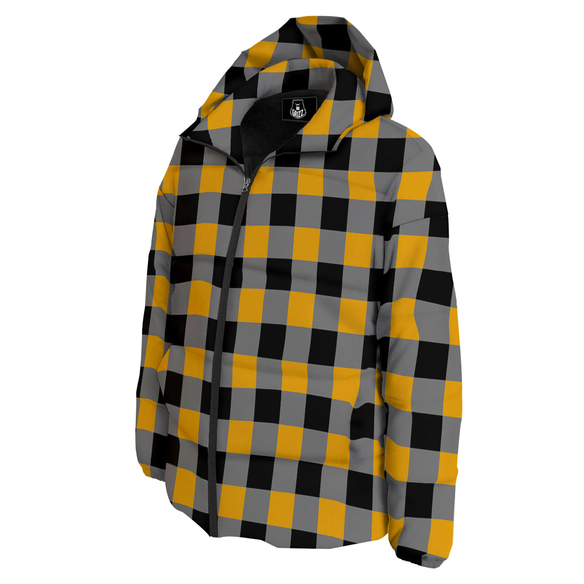 Check Yellow And Black Print Pattern Down Jacket-grizzshop