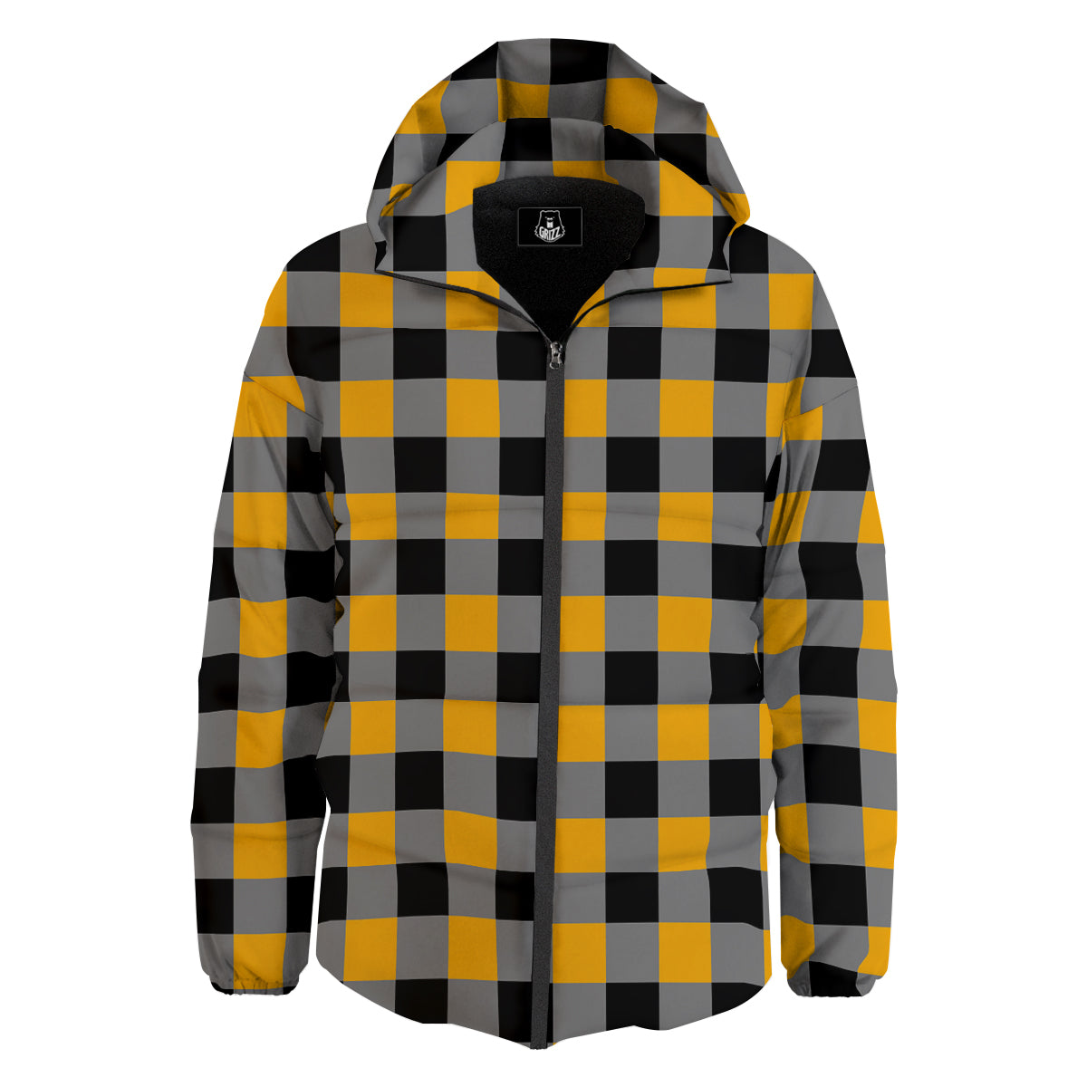 Check Yellow And Black Print Pattern Down Jacket-grizzshop