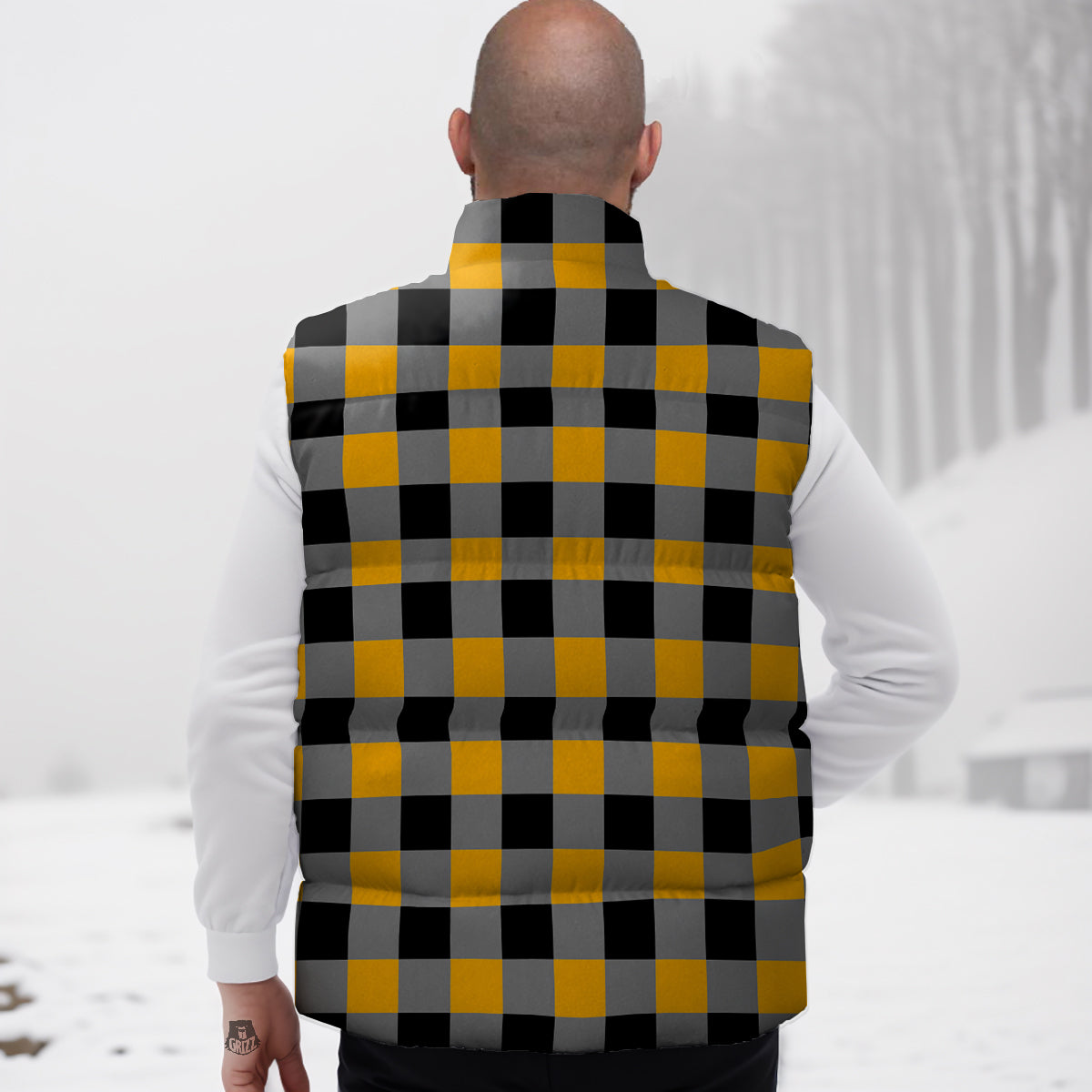 Check Yellow And Black Print Pattern Down Vest