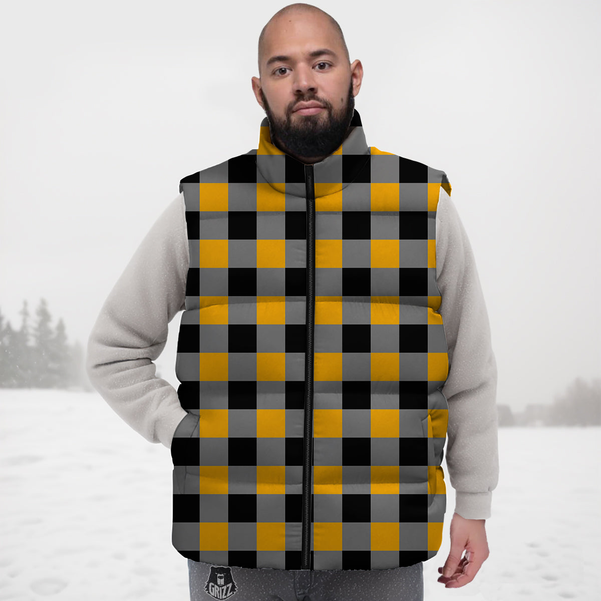 Check Yellow And Black Print Pattern Down Vest