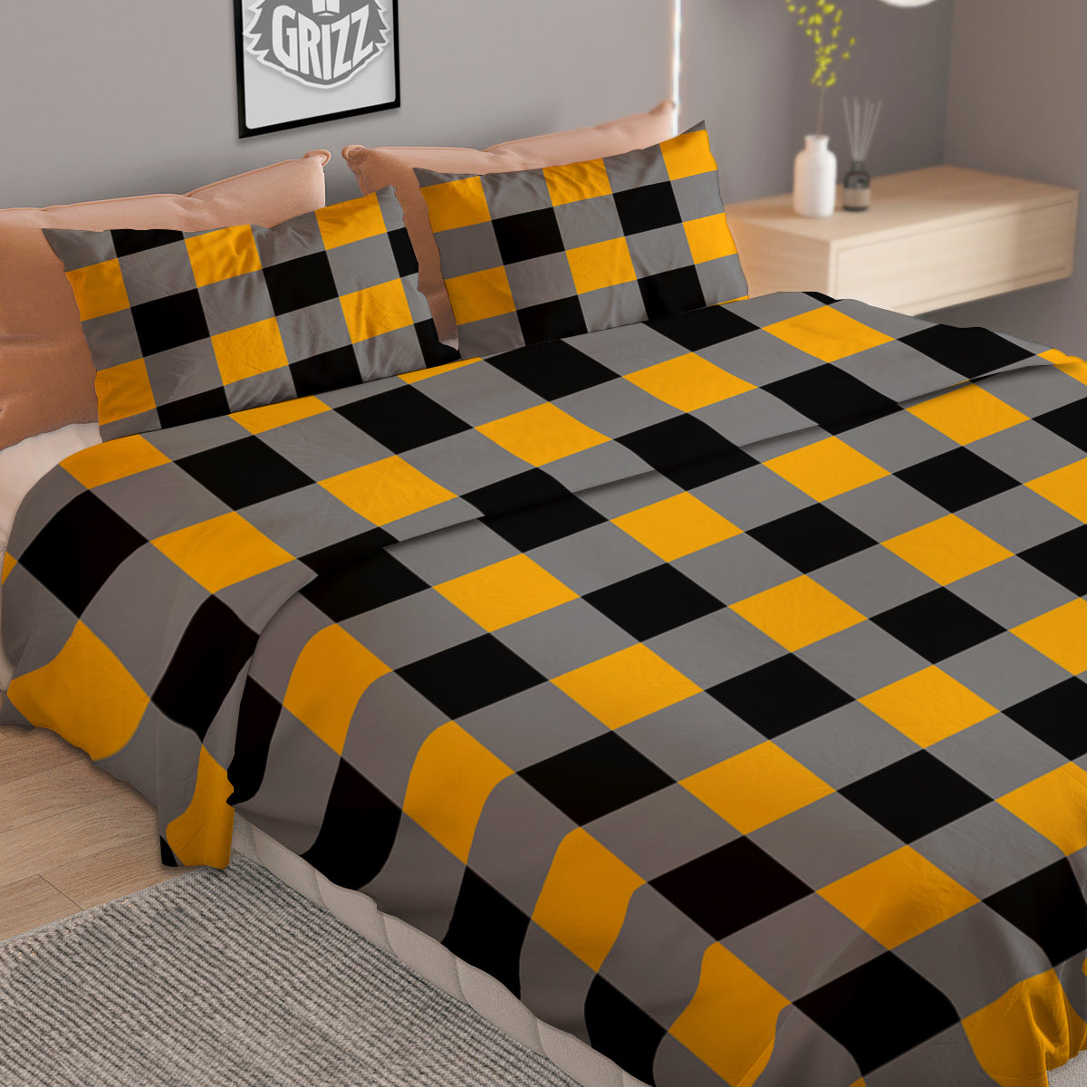 Check Yellow And Black Print Pattern Duvet Cover Bedding Set