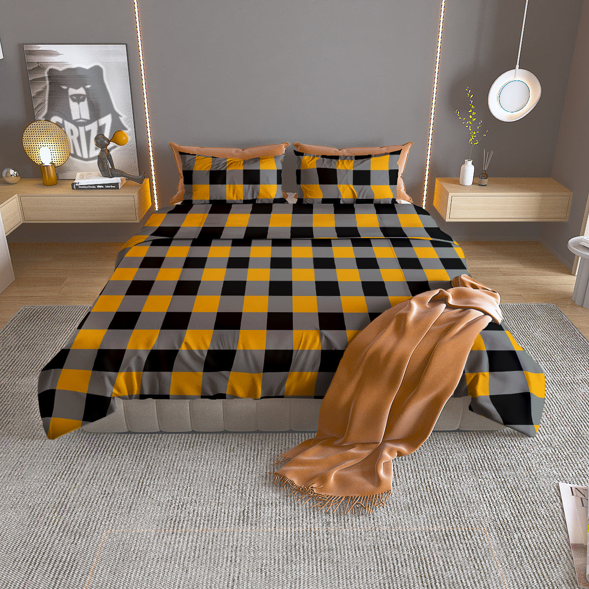 Check Yellow And Black Print Pattern Duvet Cover Bedding Set