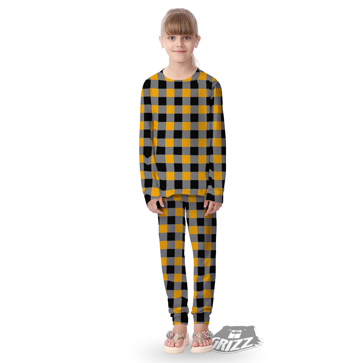 Check Yellow And Black Print Pattern Kid's Pajamas-grizzshop