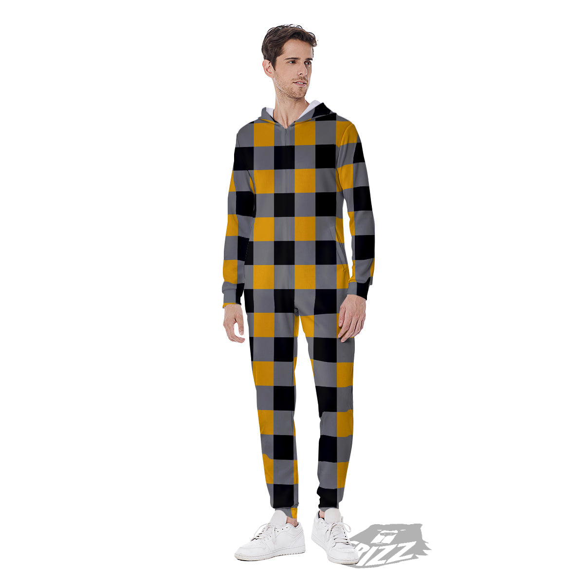Check Yellow And Black Print Pattern Men's Jumpsuit-grizzshop