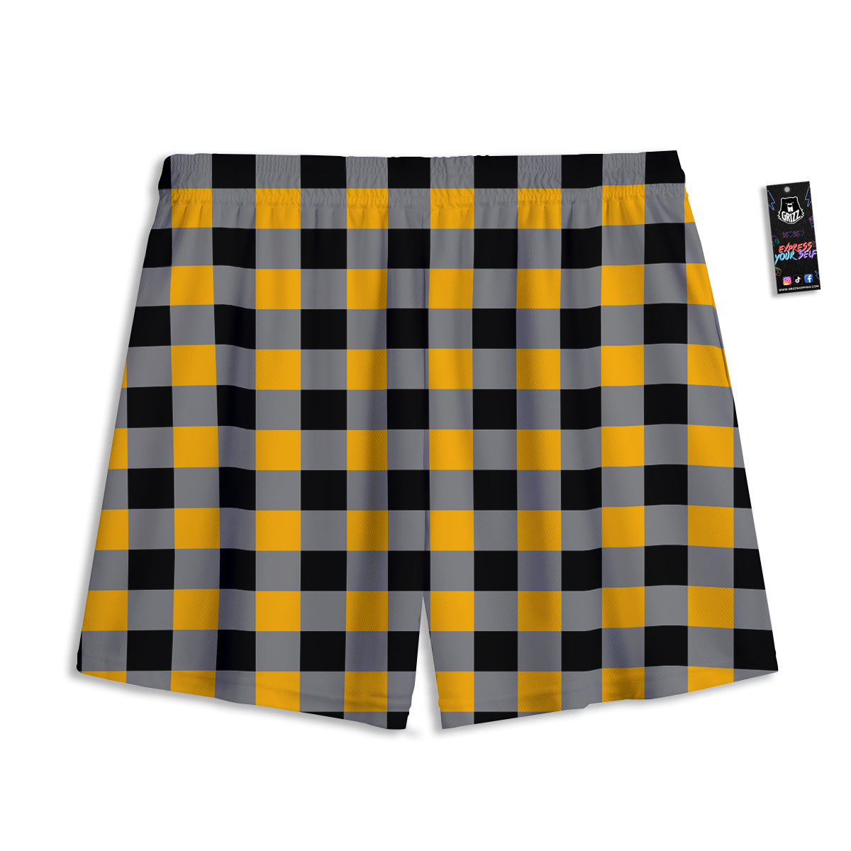 Check Yellow And Black Print Pattern Mesh Shorts