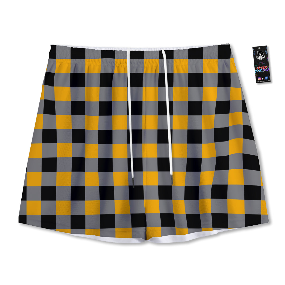 Check Yellow And Black Print Pattern Mesh Shorts