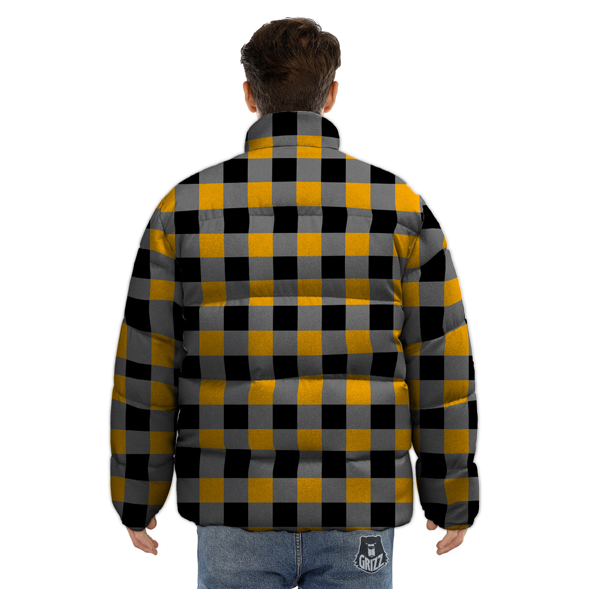 Check Yellow And Black Print Pattern Puffer Jacket-grizzshop