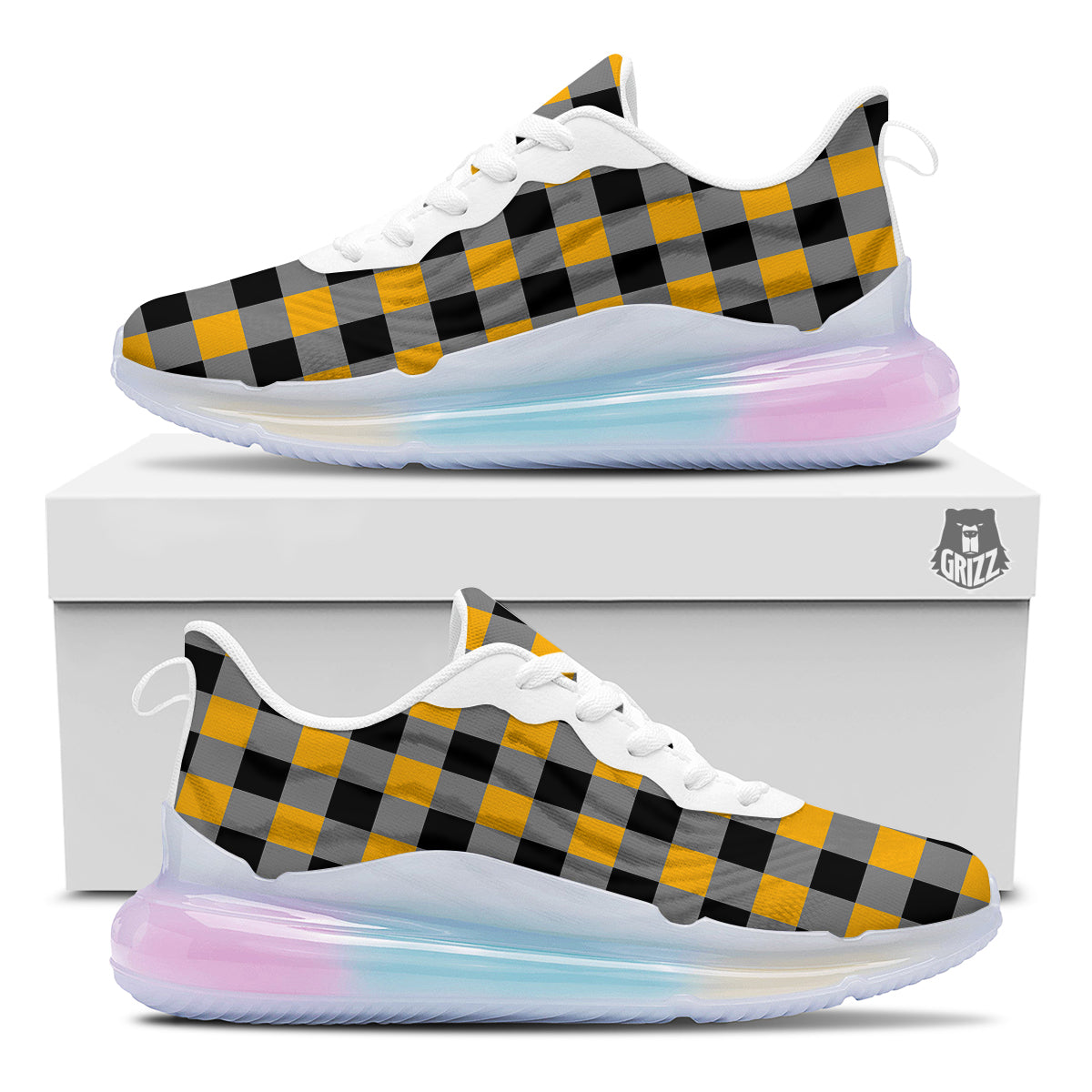 Check Yellow And Black Print Pattern Running Sneakers-grizzshop