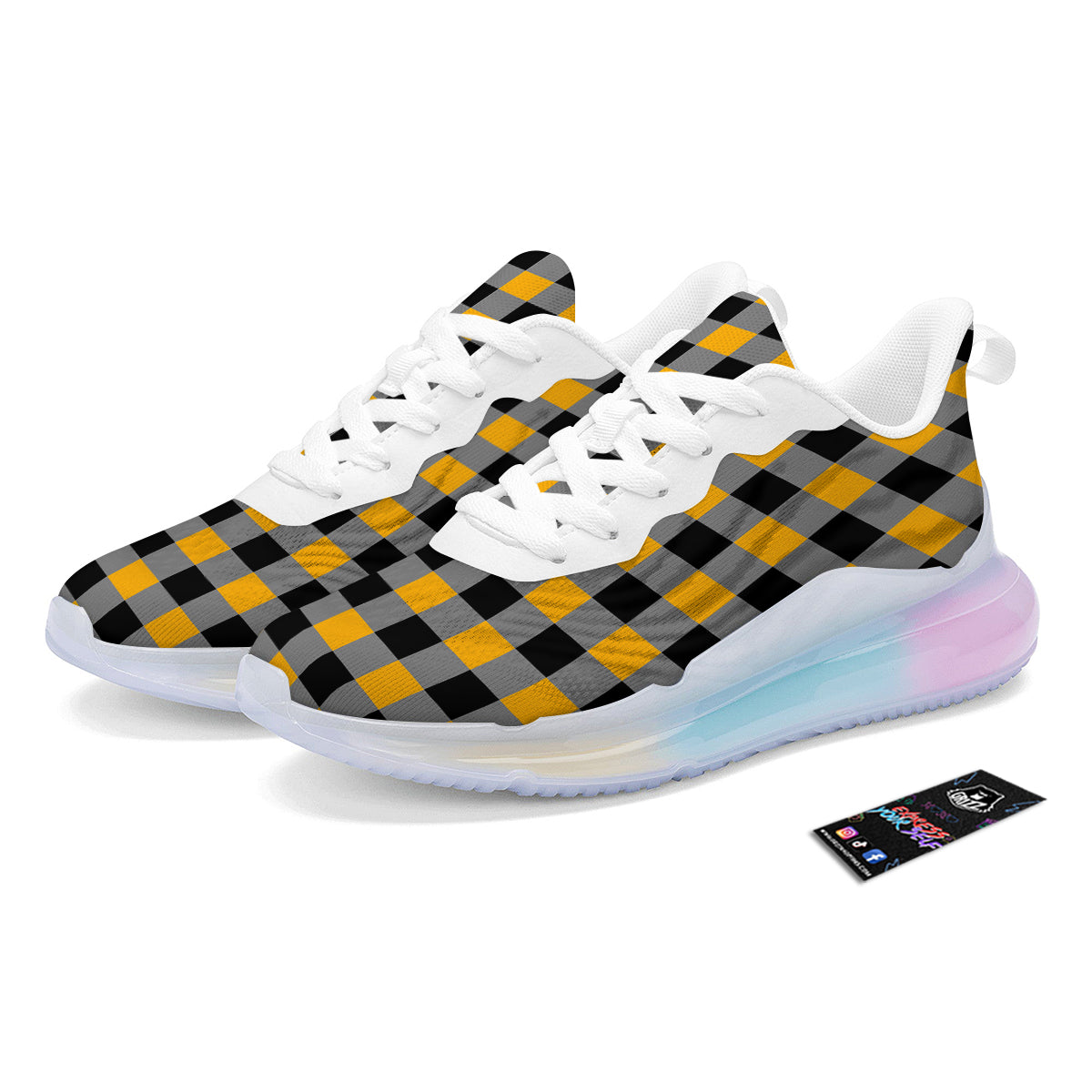 Check Yellow And Black Print Pattern Running Sneakers-grizzshop