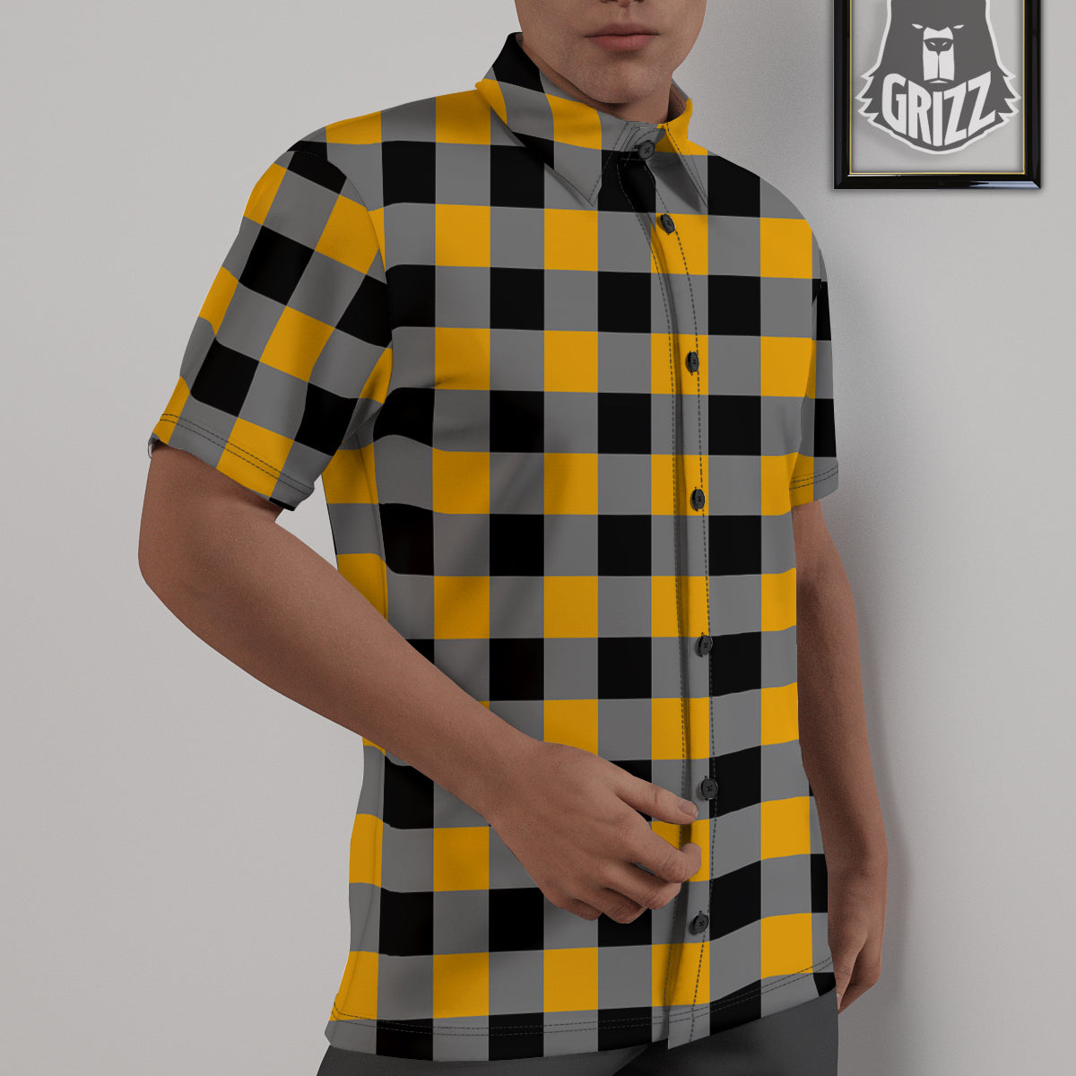 Check Yellow And Black Print Pattern Untucked Shirts-grizzshop