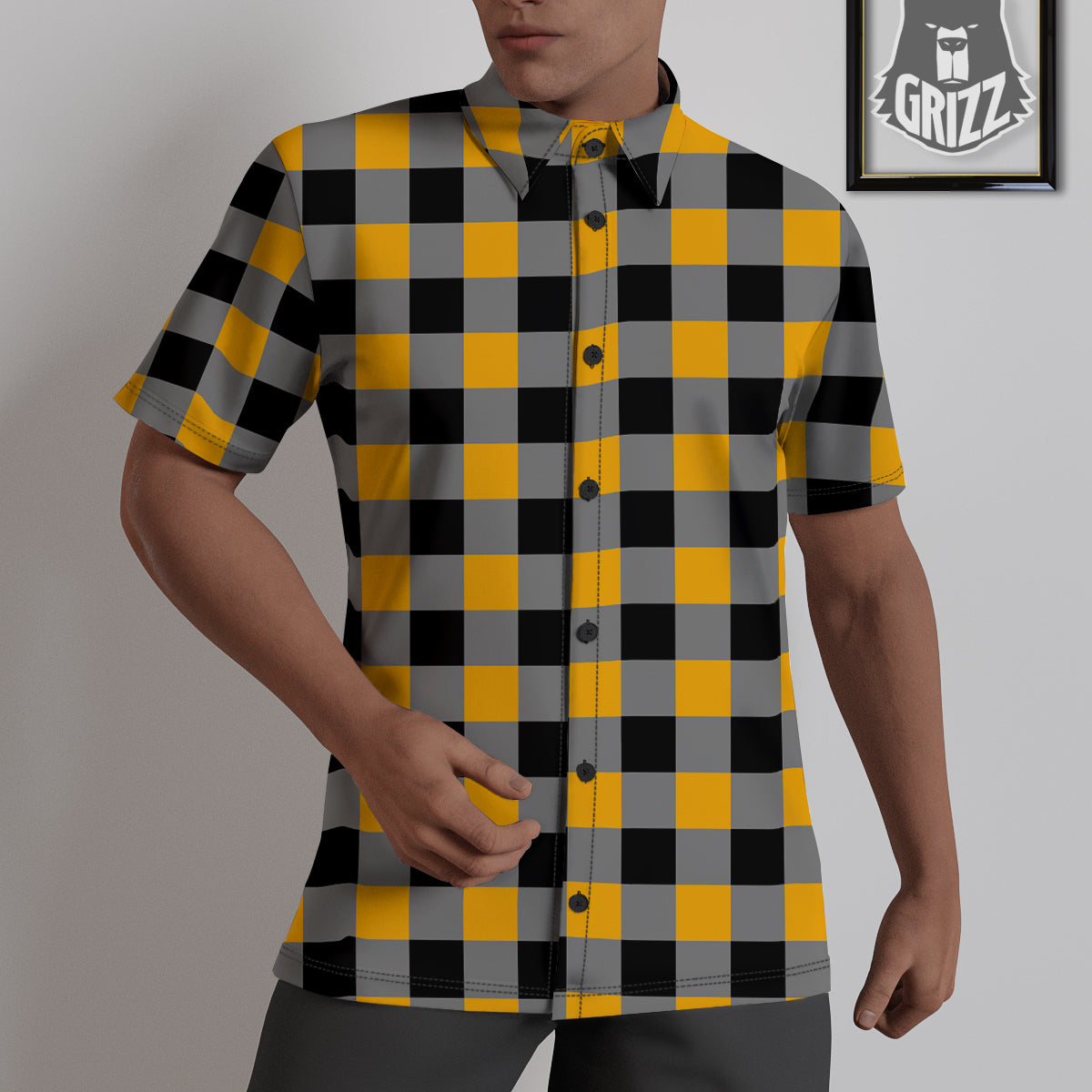 Check Yellow And Black Print Pattern Untucked Shirts-grizzshop