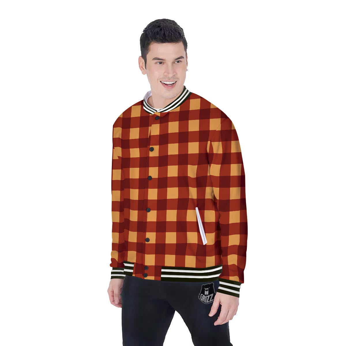 Check Yellow And Red Print Pattern Baseball Jacket-grizzshop