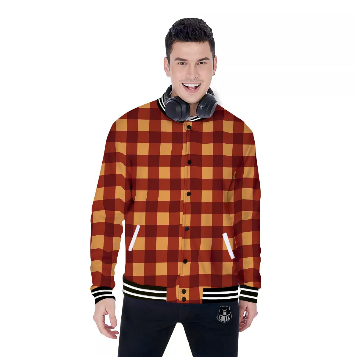 Check Yellow And Red Print Pattern Baseball Jacket-grizzshop
