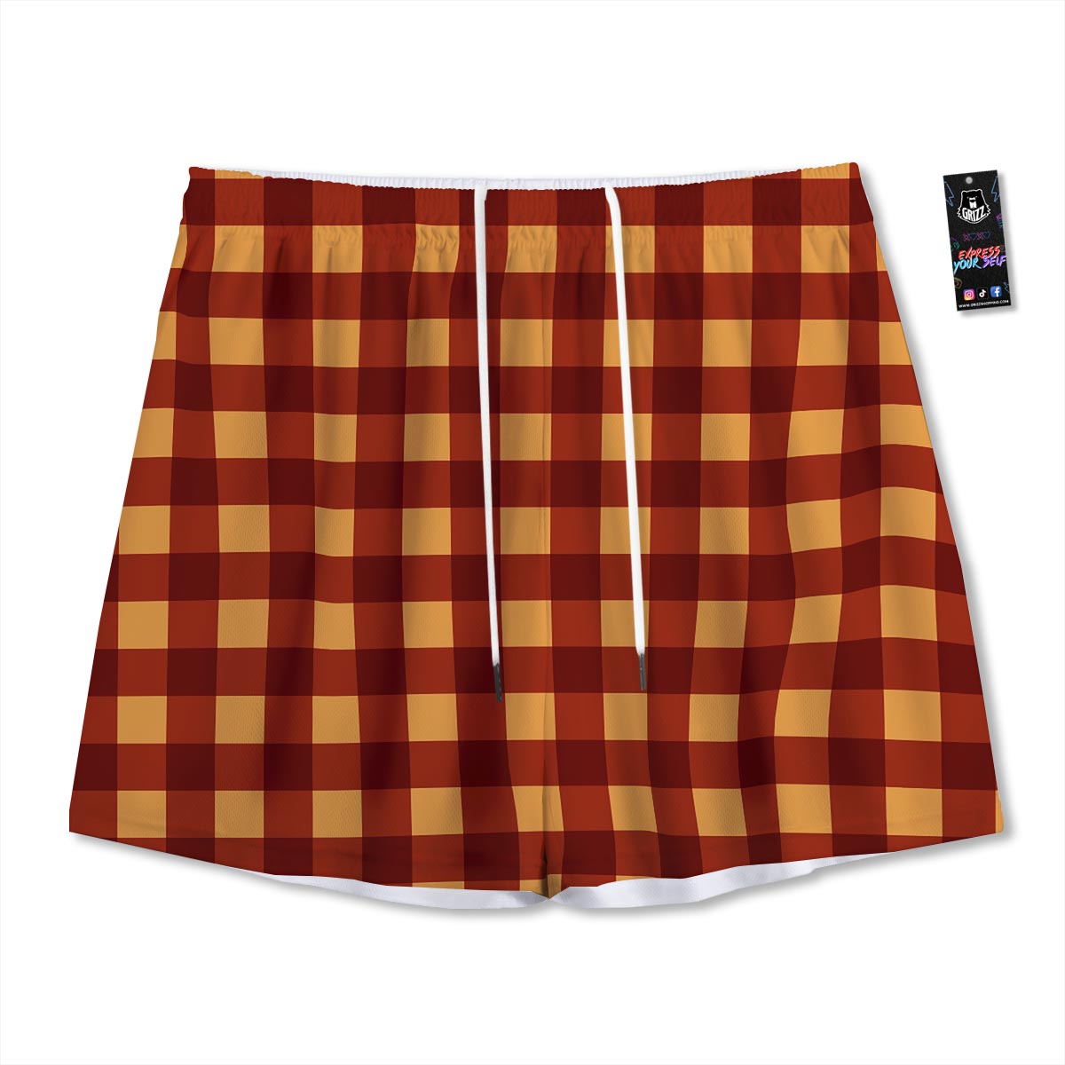 Check Yellow And Red Print Pattern Mesh Shorts