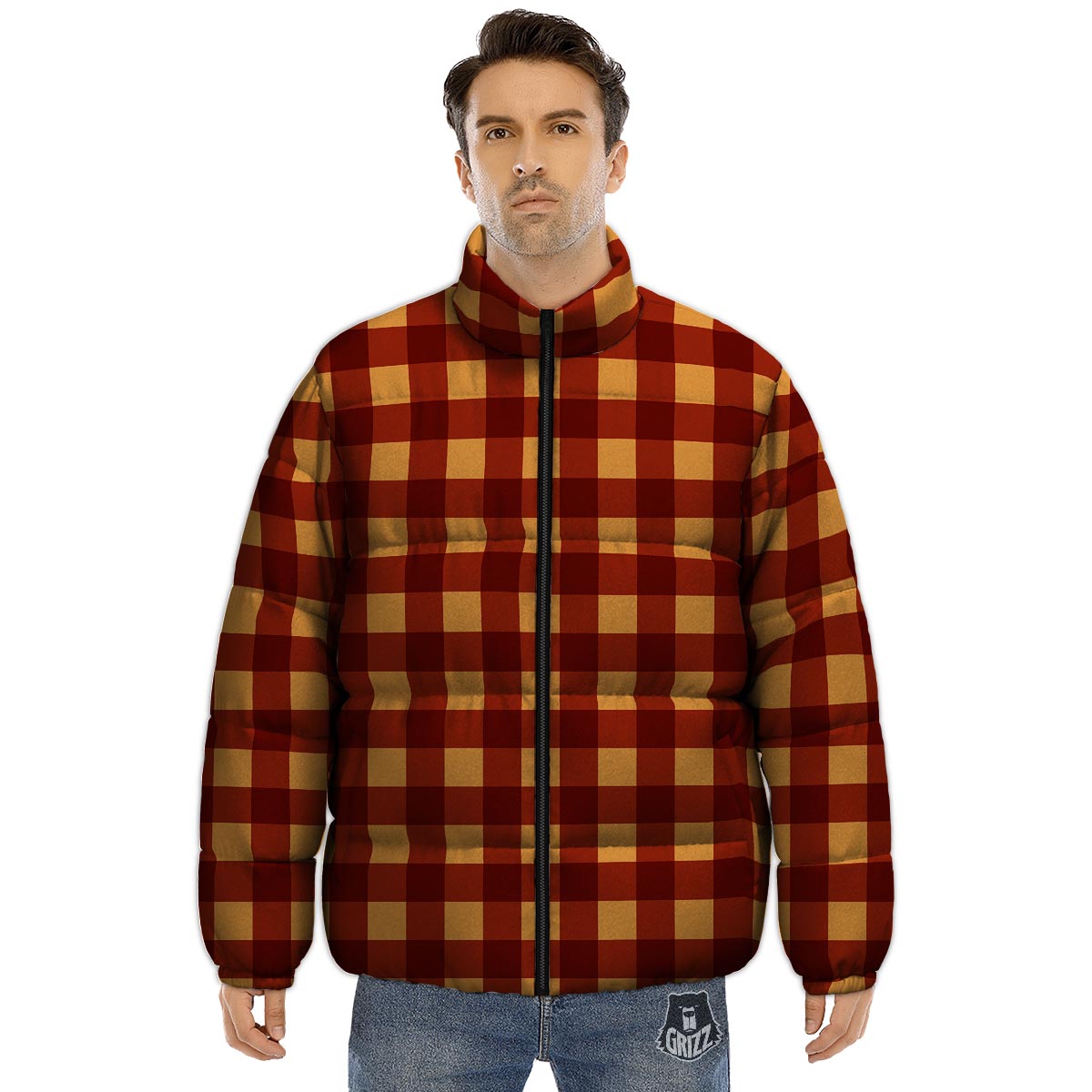 Check Yellow And Red Print Pattern Puffer Jacket-grizzshop