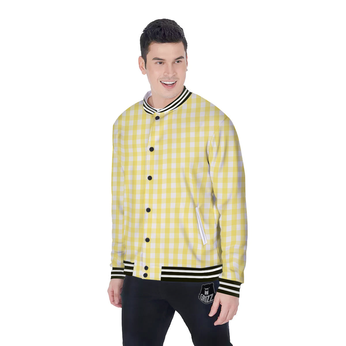 Check Yellow And White Print Pattern Baseball Jacket-grizzshop