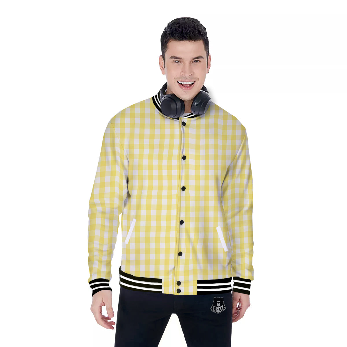 Check Yellow And White Print Pattern Baseball Jacket-grizzshop