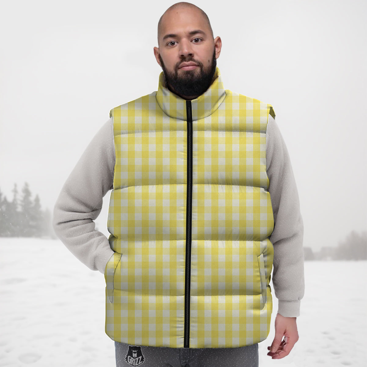Check Yellow And White Print Pattern Down Vest